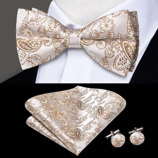 Beige and Gold Paisley Bow Tie With Matching Cuff Links and Pocket Square