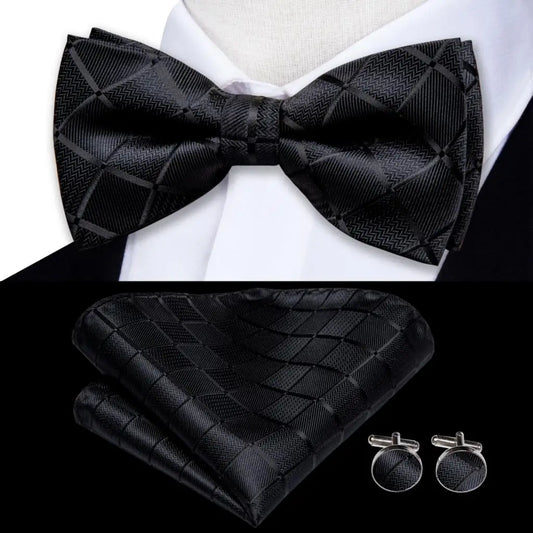 Black Check Design Bow Tie With Matching Cuff Links and Pocket Square