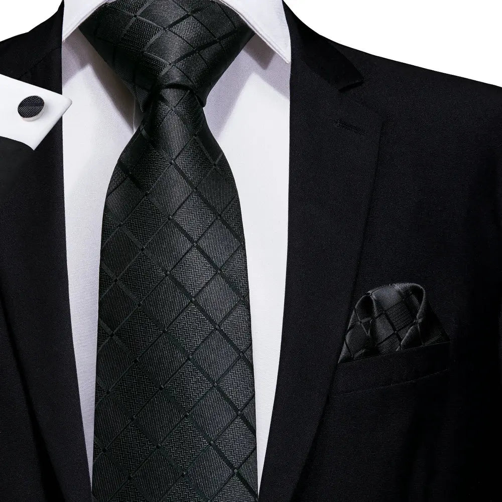 Black Check Pattern Tie With Cuff Links and Pocket Square 