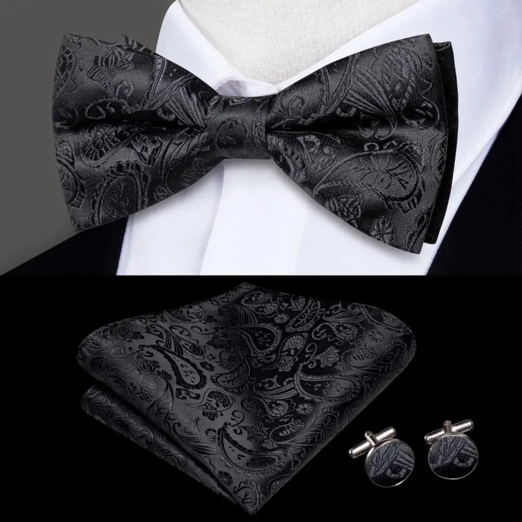 Black Paisley Bow Tie With Matching Cuff Links and Pocket Square