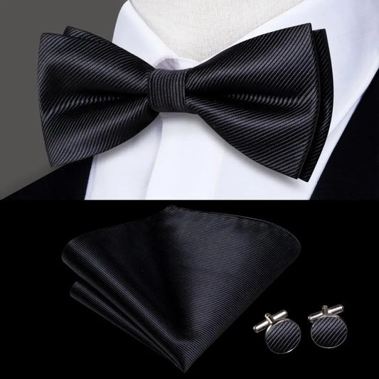 Black Textured Bow Tie With Matching Cuff Links and Pocket Square