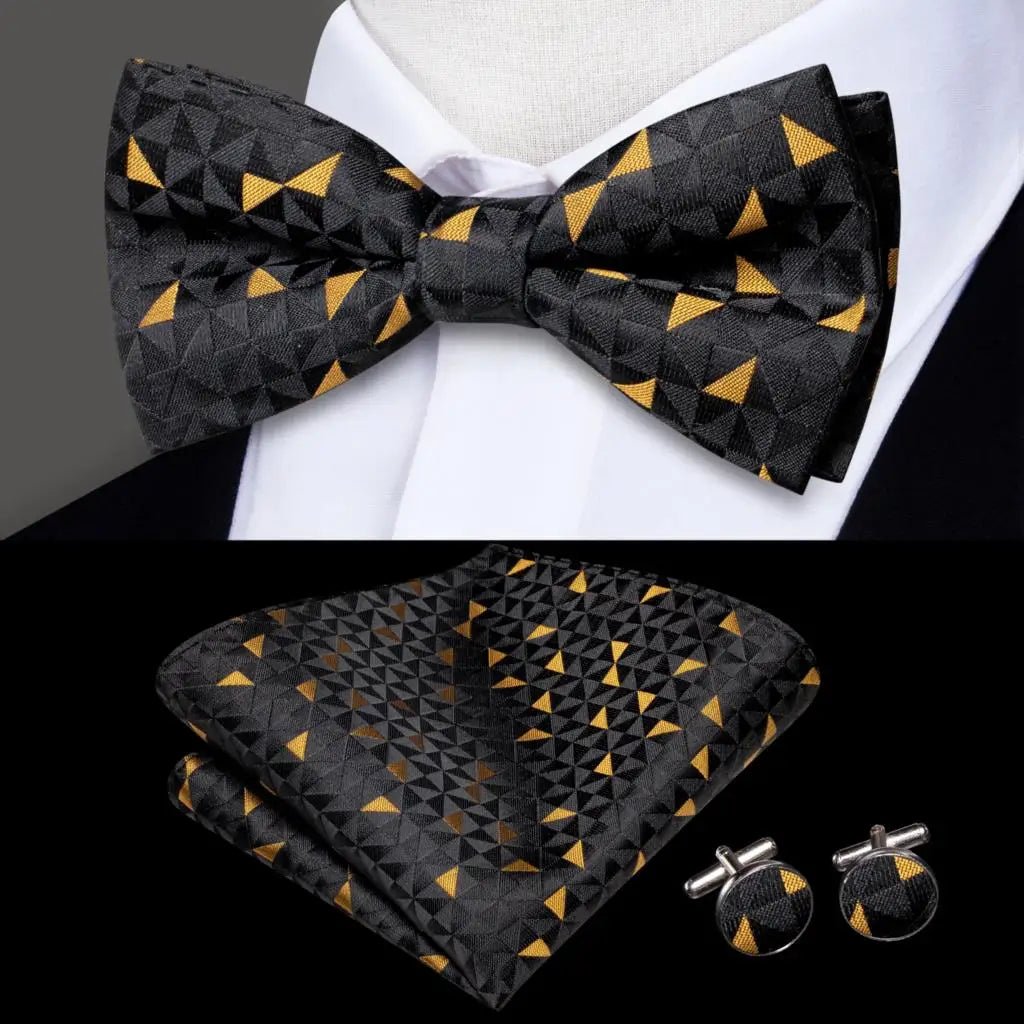 Black and Gold Geometric Bow Tie With Matching Cuff Links and Pocket Square