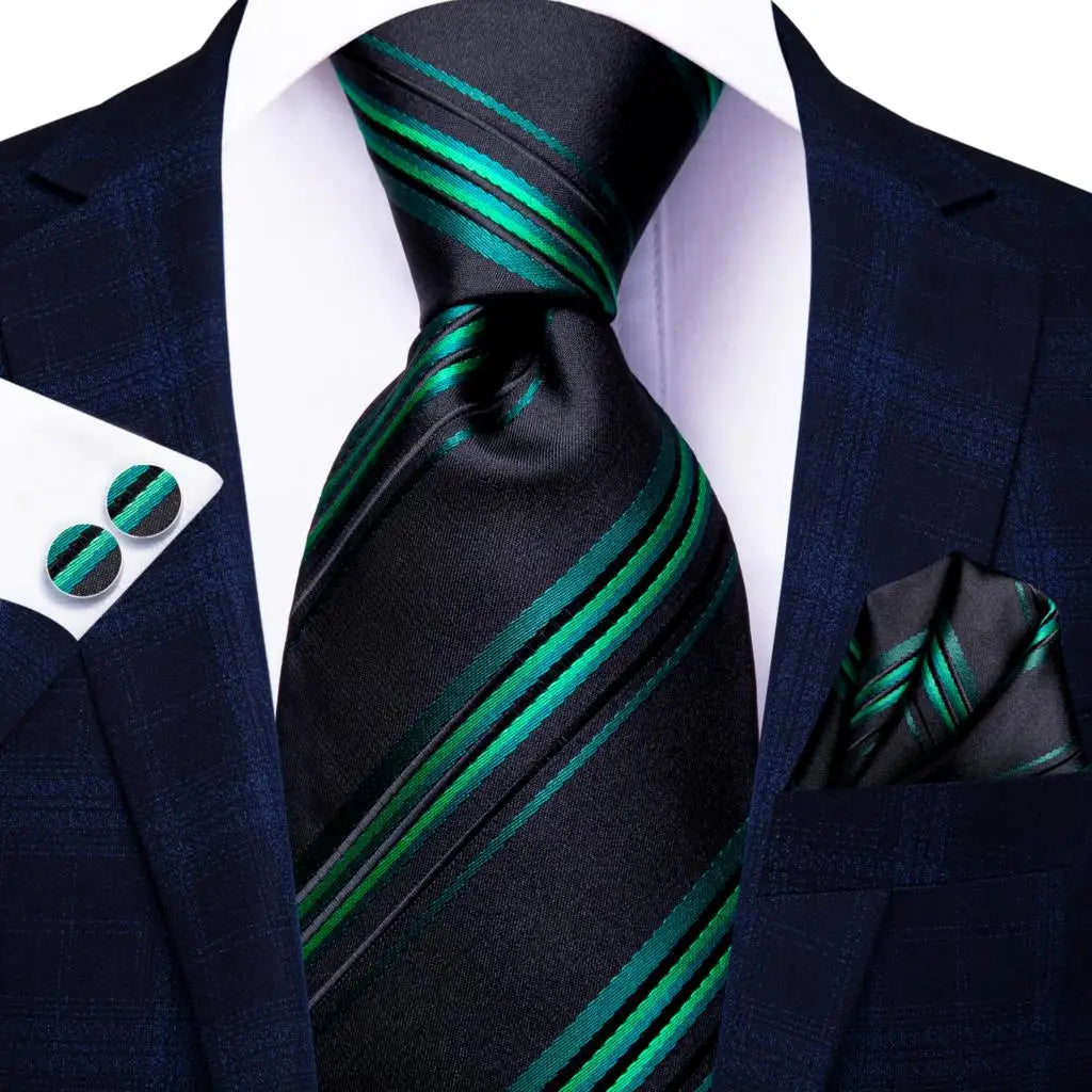 Black and Green Striped Tie With Matching Cuff Links and Pocket Square