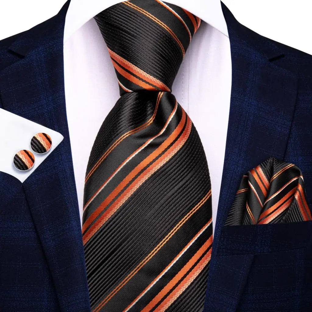 Black and Orange Striped Tie With Matching Cuff Links and Pocket Square