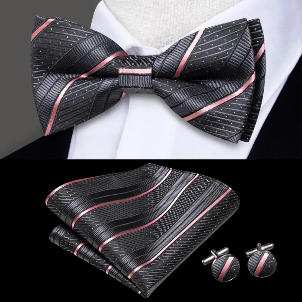 Black and Pink Striped Bow Tie With Matching Cuff Links and Pocket Square