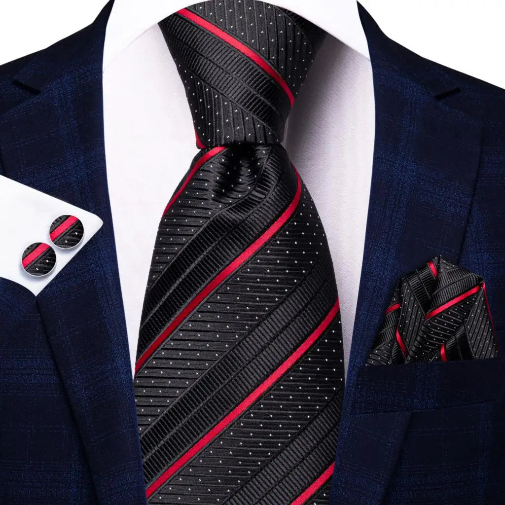 Black and Red Striped Tie made from jacquard woven silk With Matching Cuff Links and Pocket Square