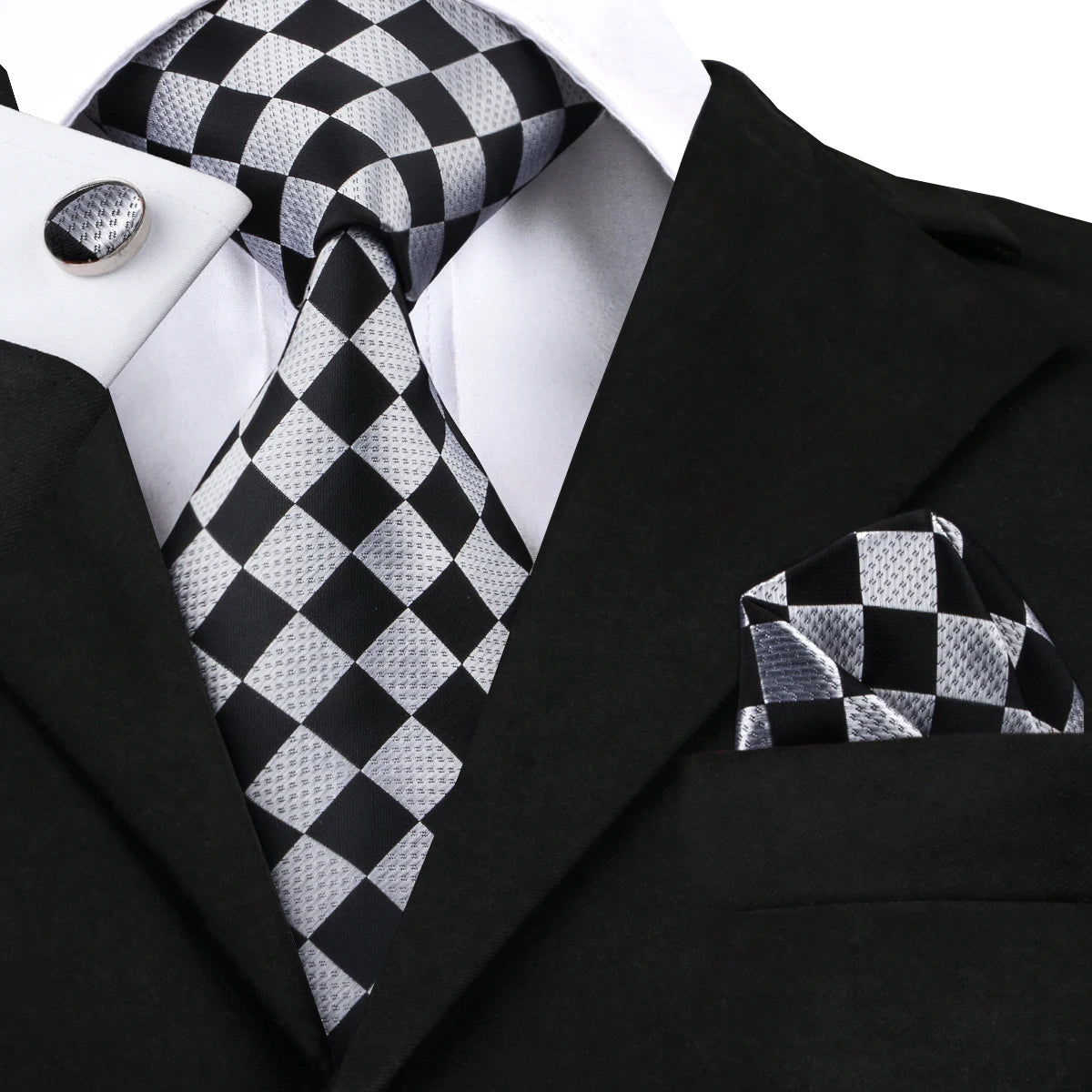 Black and Silver Check Pattern Tie With Cuff Links and Pocket Square