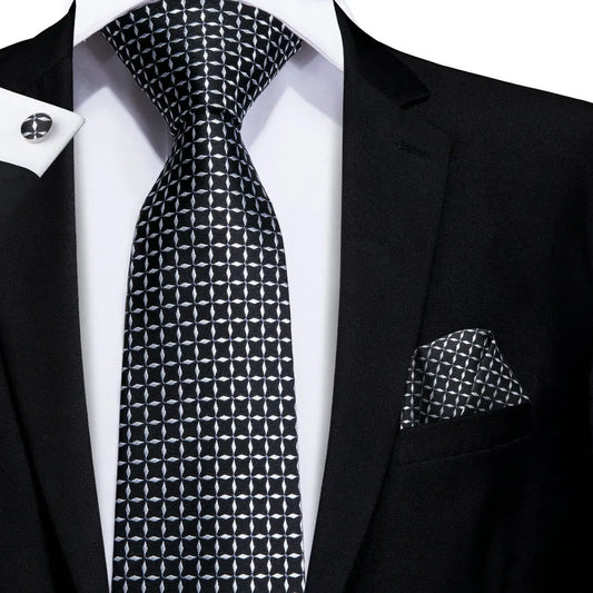 Black and Silver Geometric Design Tie With Matching Cuff Links and Pocket Square