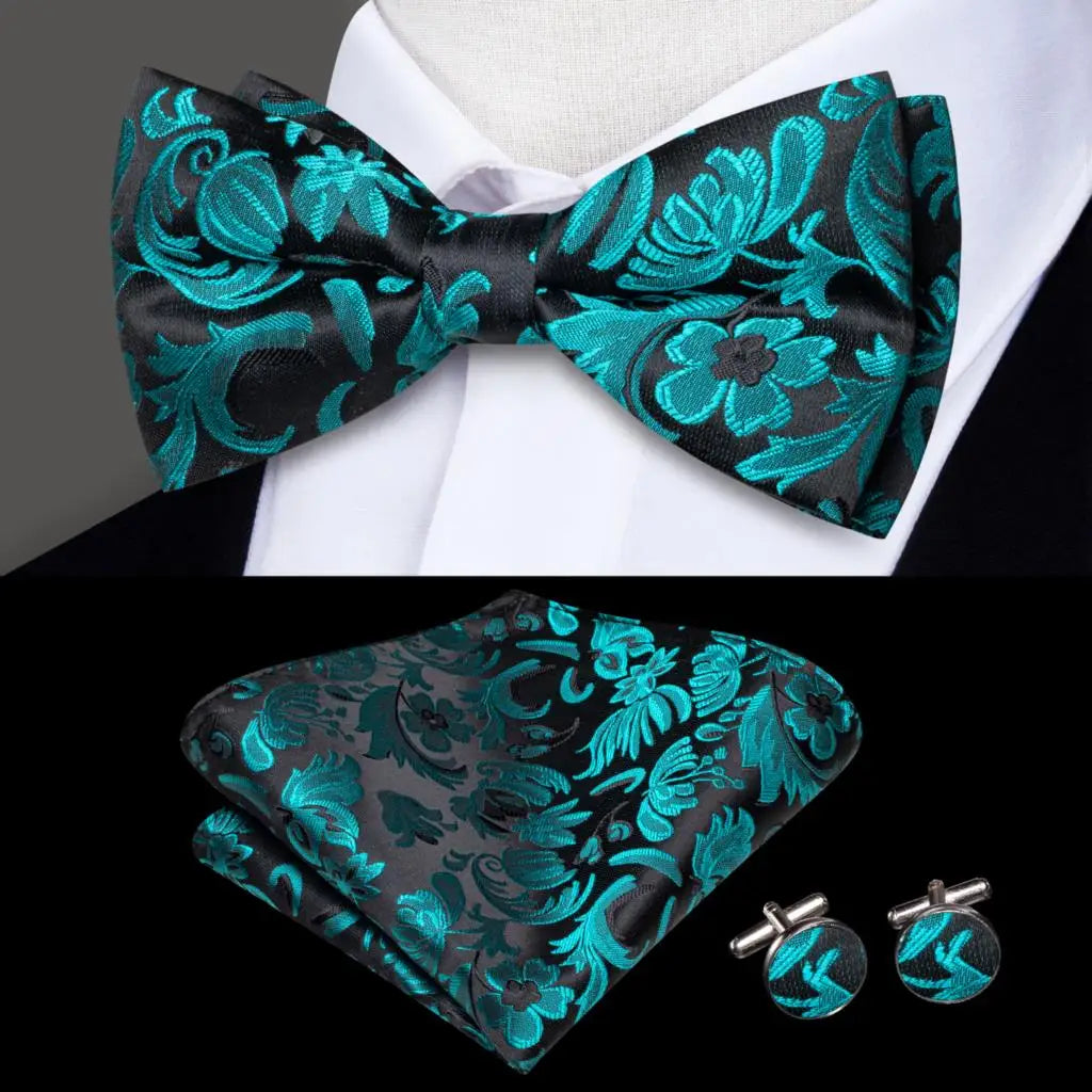 Black and Turquoise Floral Bow Tie With Matching Cuff Links and Pocket Square