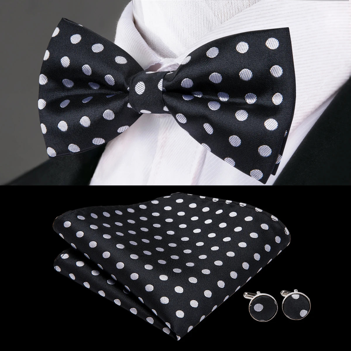 Black and White Polka Dot Bow Tie With Matching Cuff Links and Pocket Square