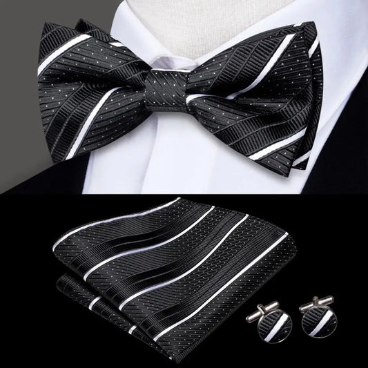 Black and White Striped Bow Tie With Matching Cuff Links and Pocket Square