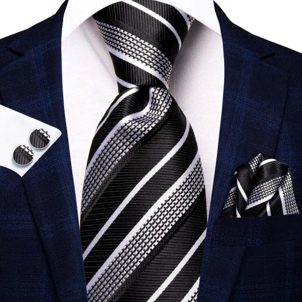 Black and White Striped Tie made from jacquard woven silk. Includes Matching Cuff Links and Pocket Square