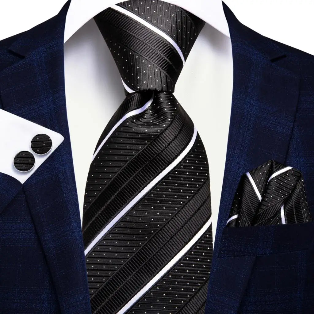 Black and White Striped Tie made from jacquard woven silk.  Includes Matching Cuff Links and Pocket Square