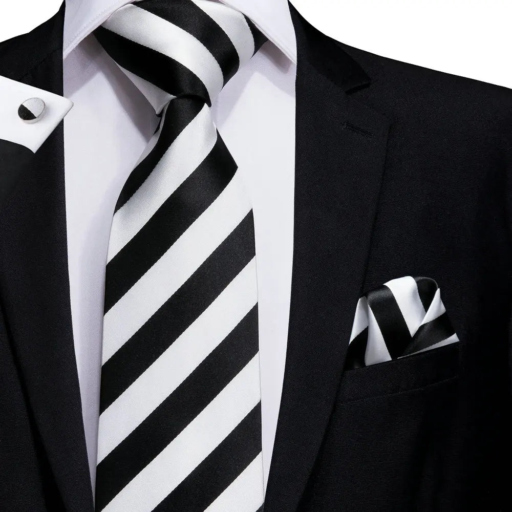 Black and White Striped Tie made from jacquard woven silk. Includes Matching Cuff Links and Pocket Square