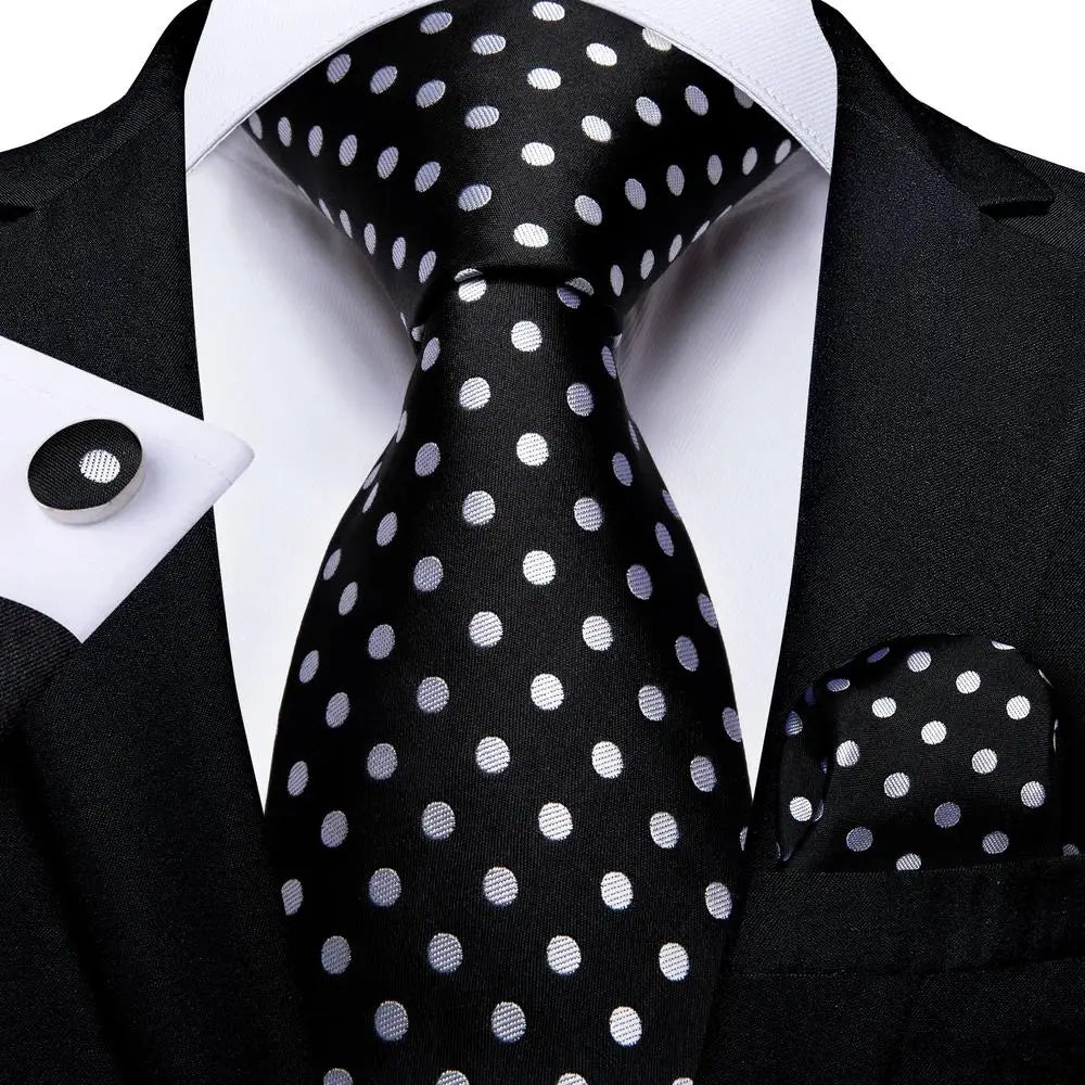 Black and silver Polka Dot Tie With Matching Cuff Links and Pocket Square