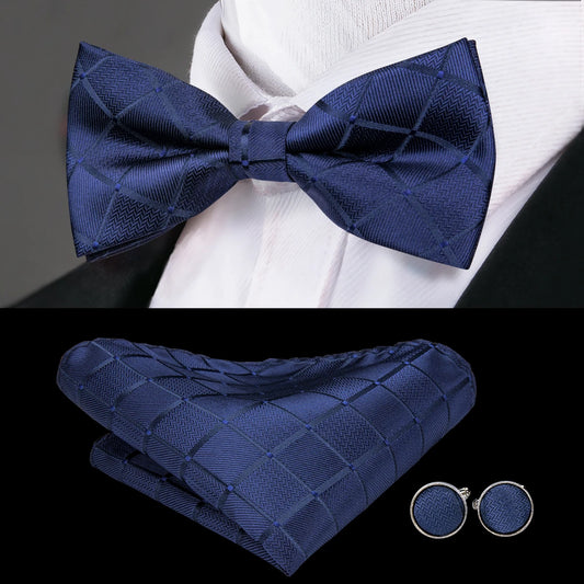 Blue Check Design Bow Tie With Matching Cuff Links and Pocket Square