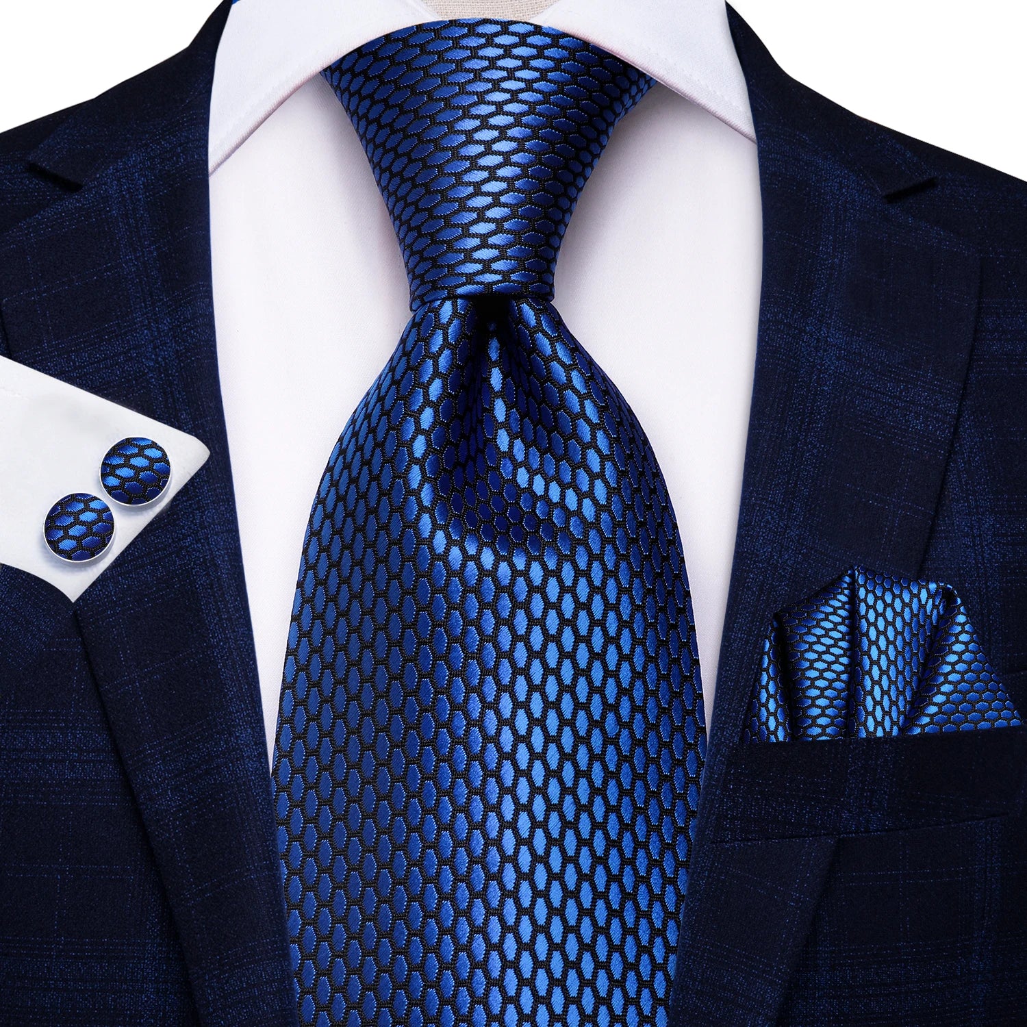 Blue Geometric Tie With Matching Cuff Links and Pocket Square