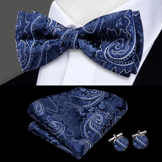 Blue Paisley Bow Tie With Matching Cuff Links and Pocket Square