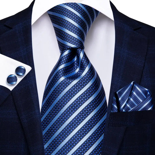 Blue Striped Tie With Matching Cuff Links and Pocket Square