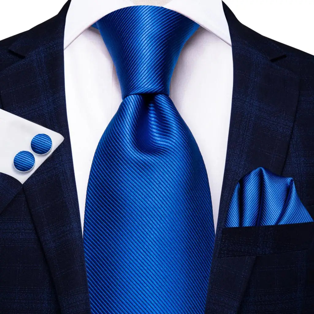 Blue Textured Pattern Tie With Matching Cuff Links and Pocket Square