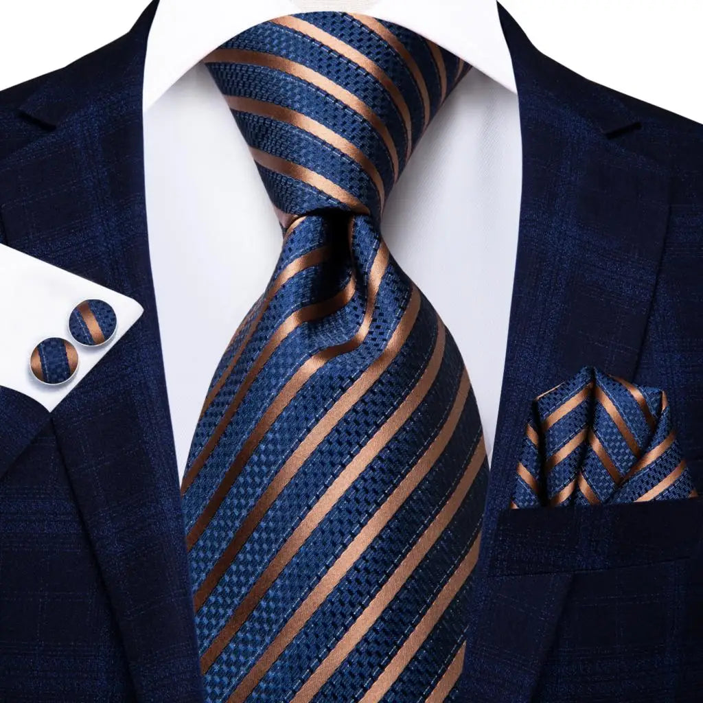 Blue and Gold Striped Tie With Matching Cuff Links and Pocket Square