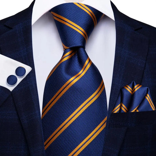 Blue and Gold Striped Tie With Matching Cuff Links and Pocket Square