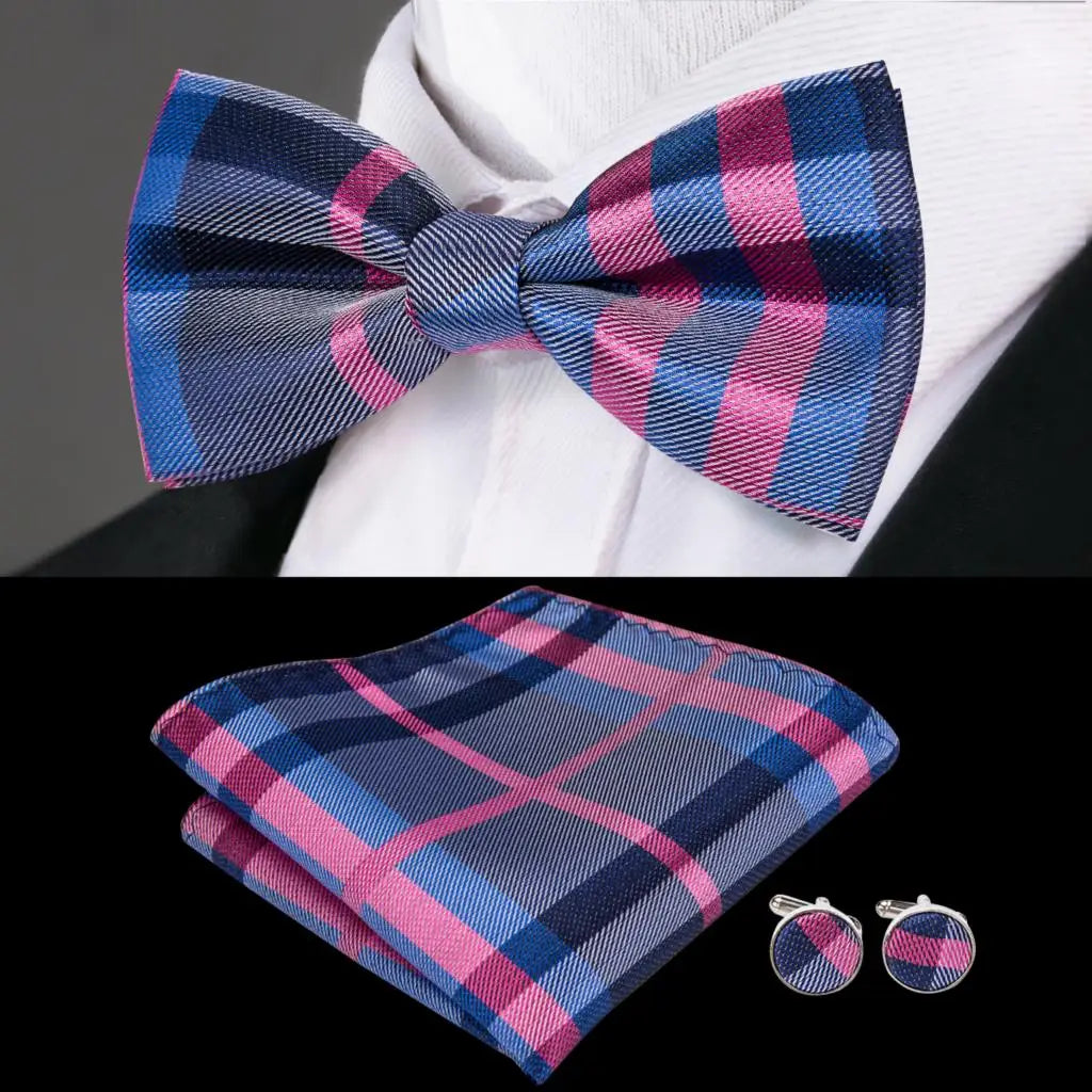 Blue and Pink Check Design Bow Tie With Matching Cuff Links and Pocket Square