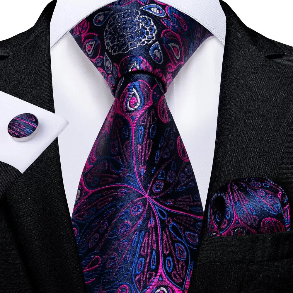 Blue and Pink Paisley Tie With Matching Cuff Links and Pocket Square