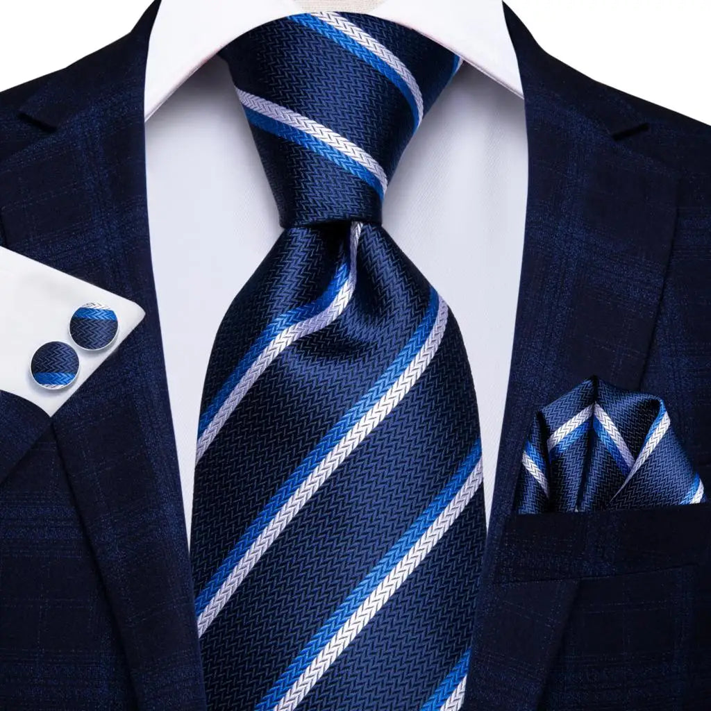 Blue and White Striped Tie With Matching Cuff Links and Pocket Square