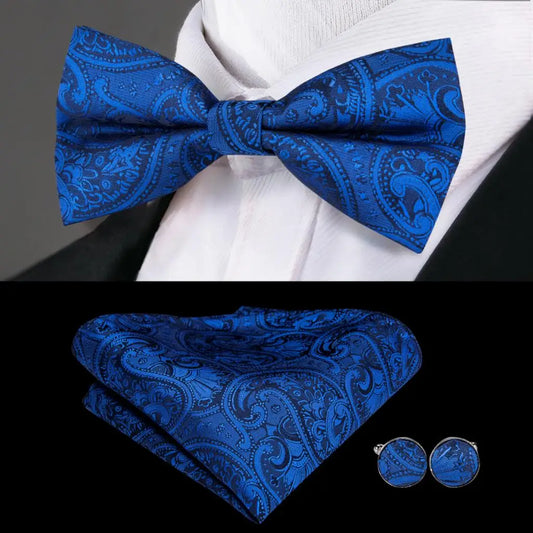 Bright Blue Paisley Bow Tie With Matching Cuff Links and Pocket Square