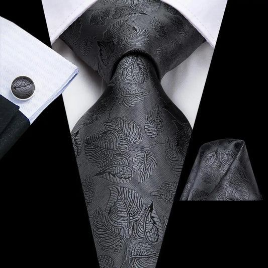 Charcoal Grey Tie made from jacquard woven silk. Includes Matching Cuff Links and Pocket Square