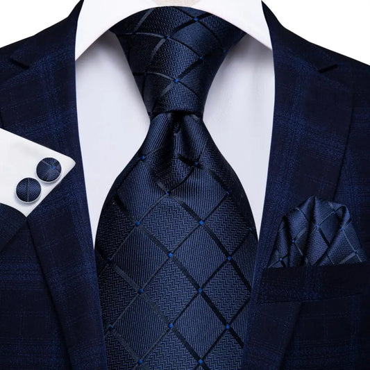 Dark Blue Check Pattern Tie With Cuff Links and Pocket Square