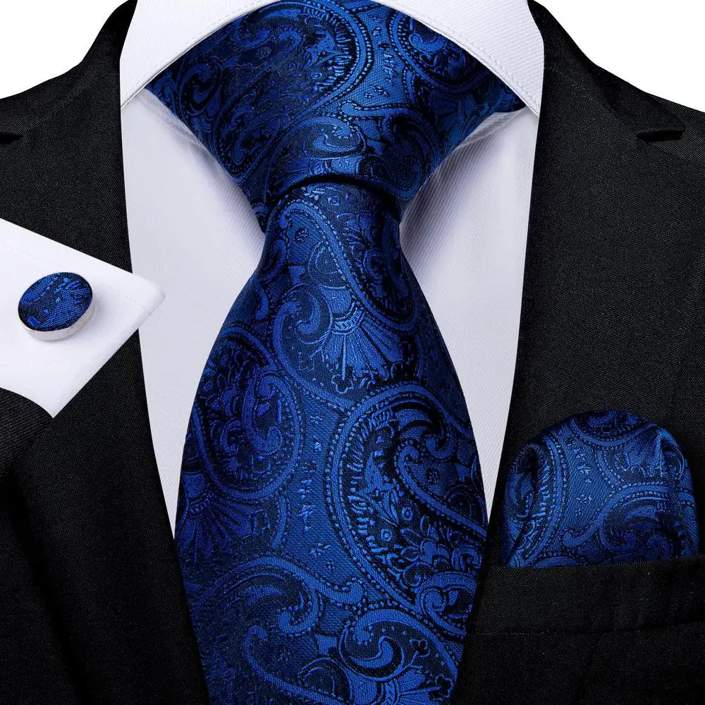 Dark Blue Paisley Tie With Matching Cuff Links and Pocket Square