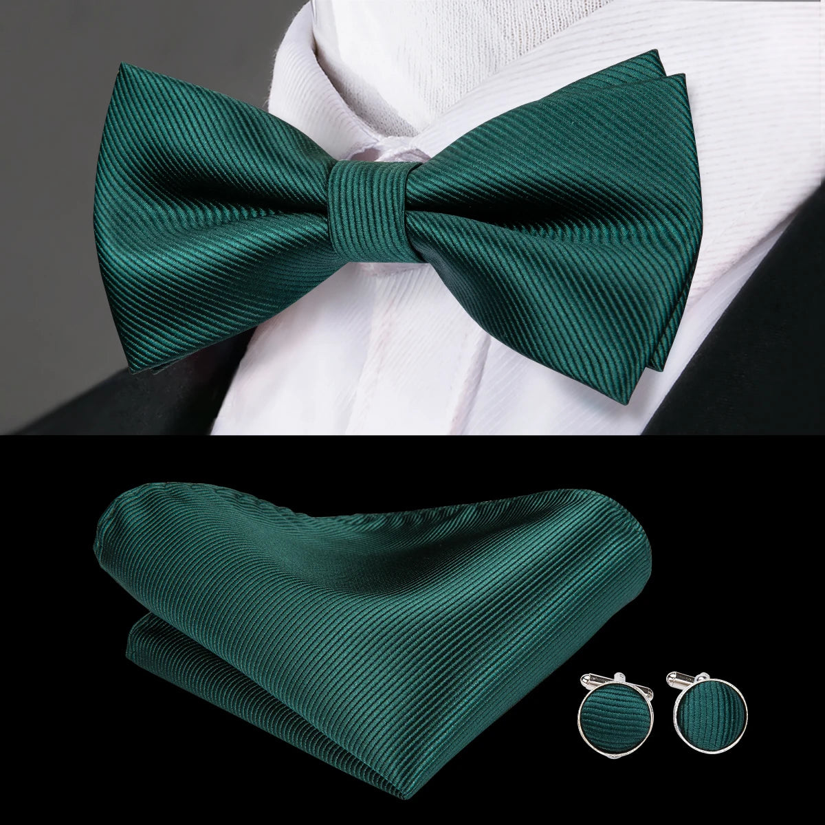 Dark Green Textured Bow Tie With Matching Cuff Links and Pocket Square