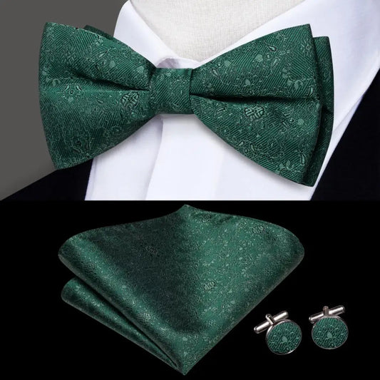 Green Floral Bow Tie With Matching Cuff Links and Pocket Square