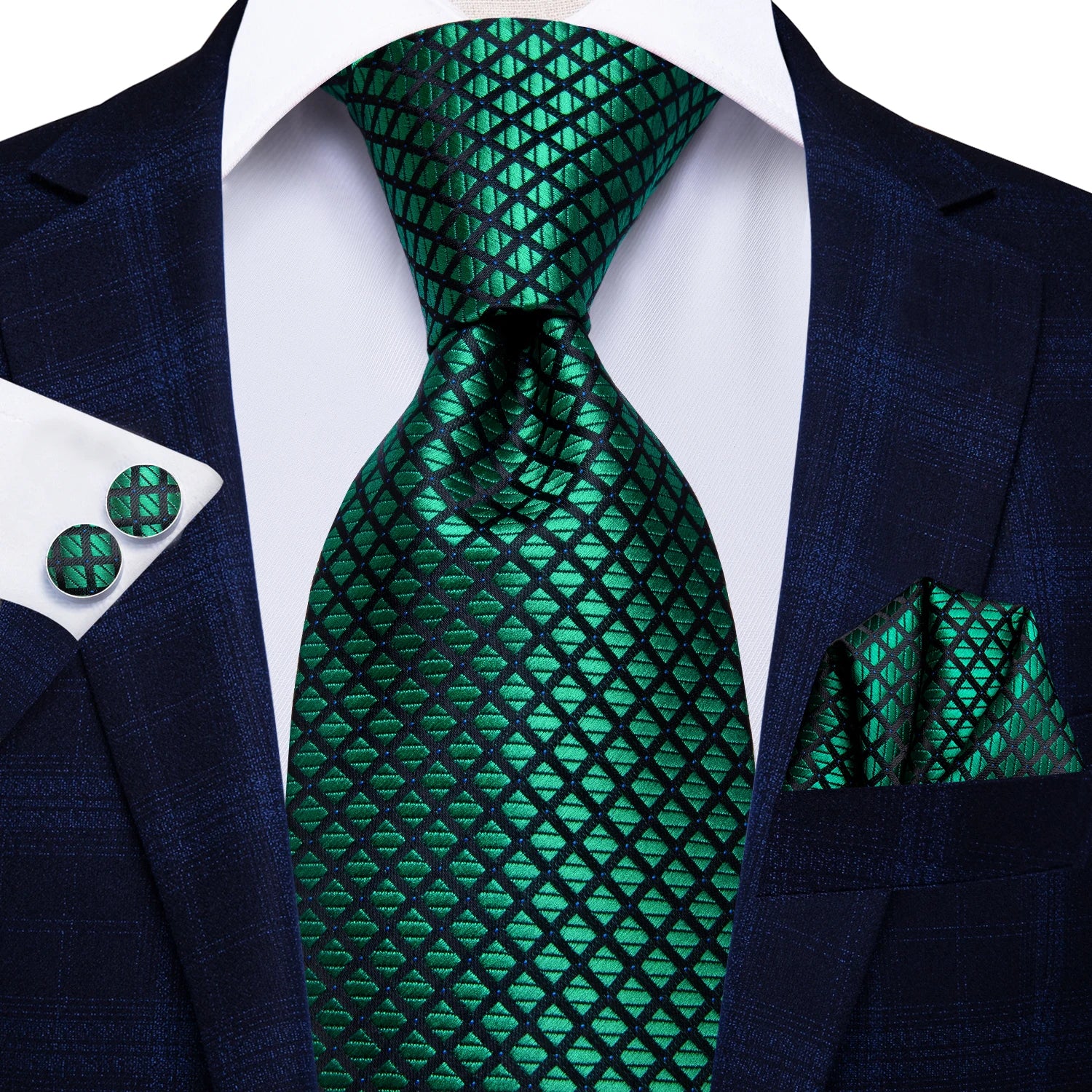 Green Geometric Design Tie With Matching Cuff Links and Pocket Square