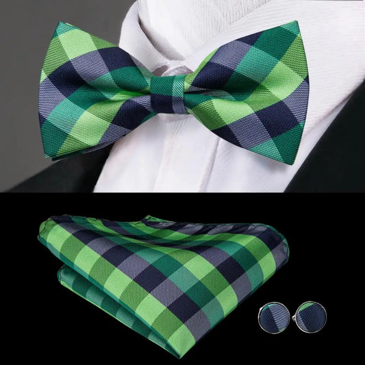 Green and Blue Check Design Bow Tie With Matching Cuff Links and Pocket Square