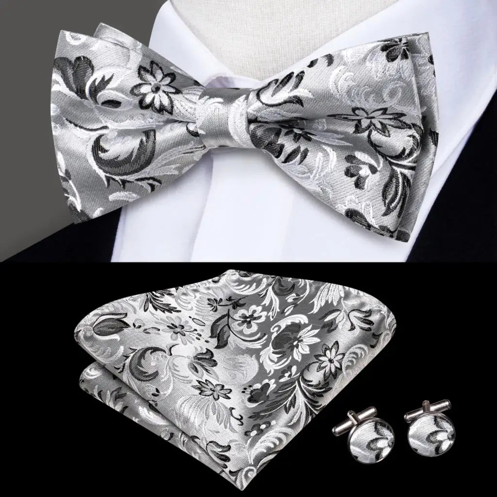 Grey Floral Design Bow Tie With Matching Cuff Links and Pocket Square