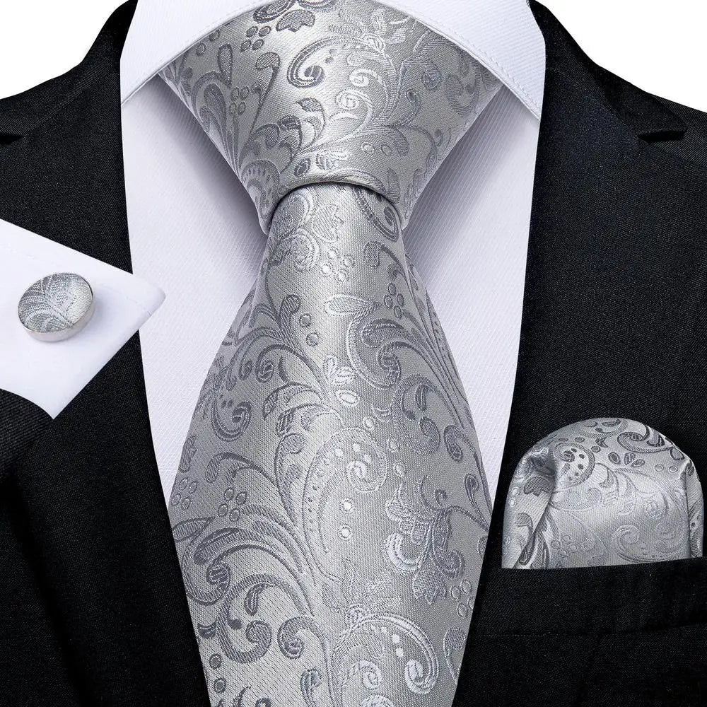 Grey Floral Pattern Tie With Matching Cuff Links and Pocket Square