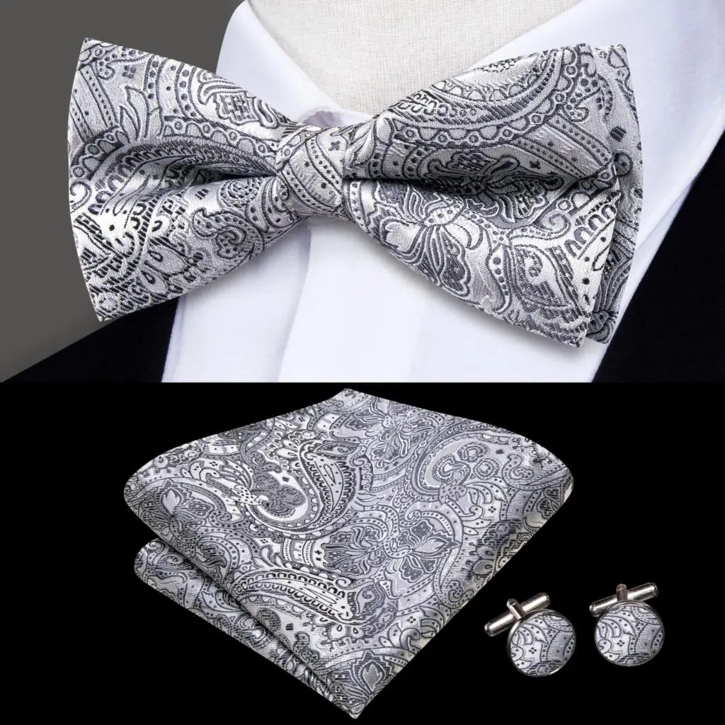 Grey Paisley Bow Tie With Matching Cuff Links and Pocket Square