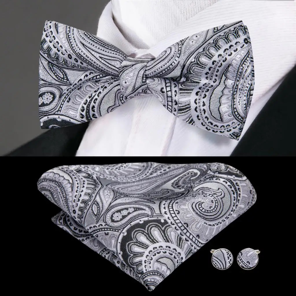 Grey Paisley Design Bow Tie With Matching Cuff Links and Pocket Square