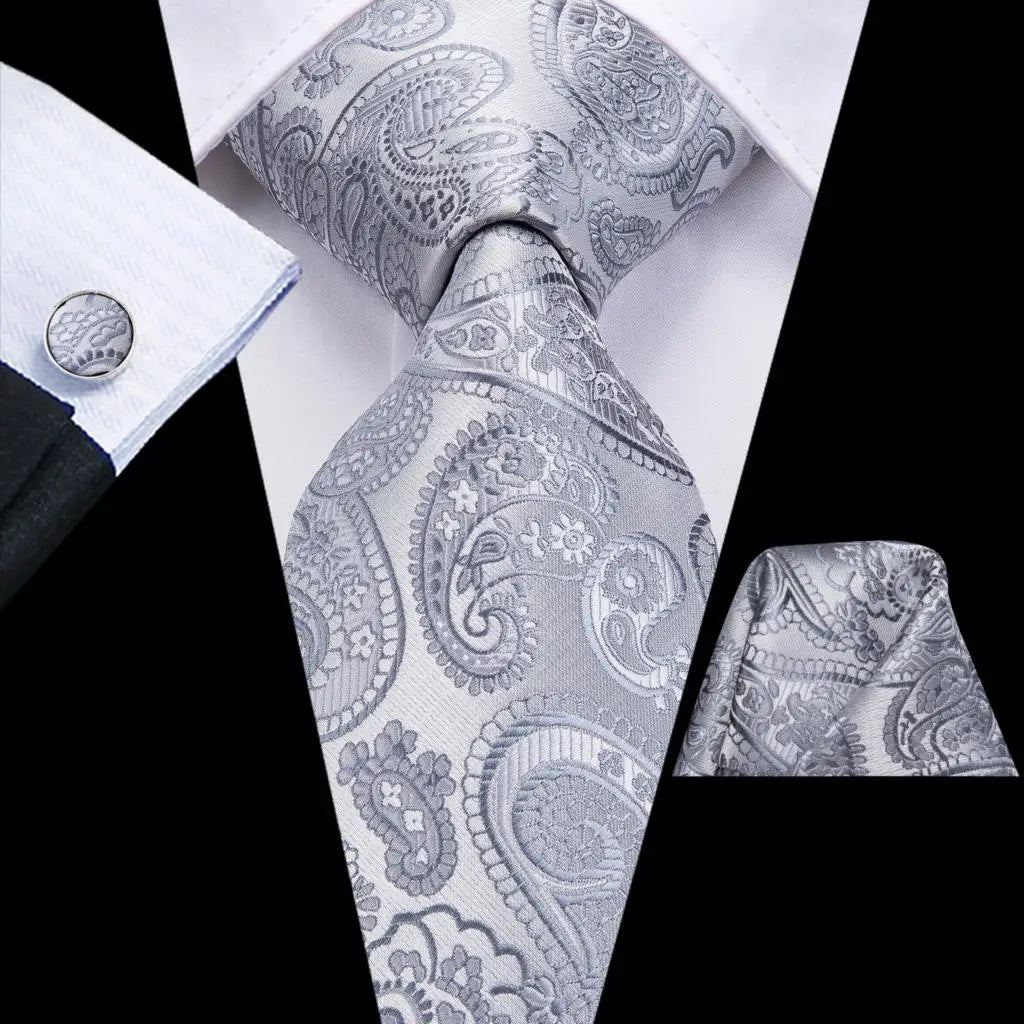 Grey Paisley Tie With Matching Cuff Links and Pocket Square