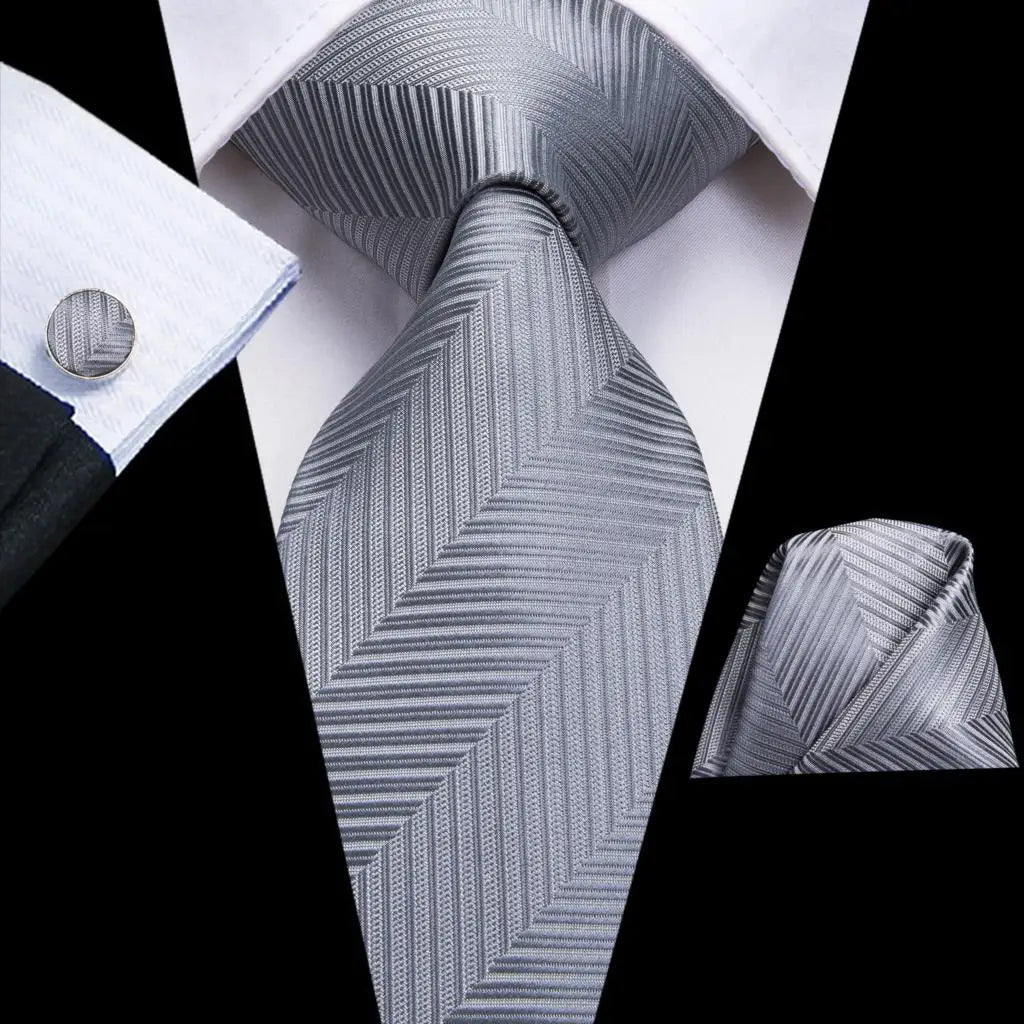 Grey Striped Tie With Matching Cuff Links and Pocket Square