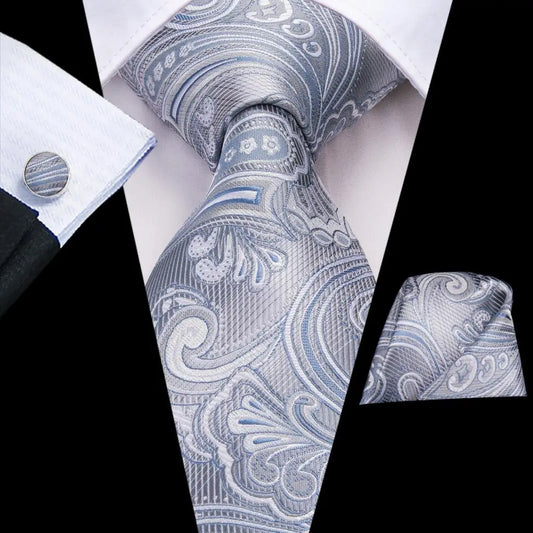 Grey and Blue Paisley Tie With Matching Cuff Links and Pocket Square