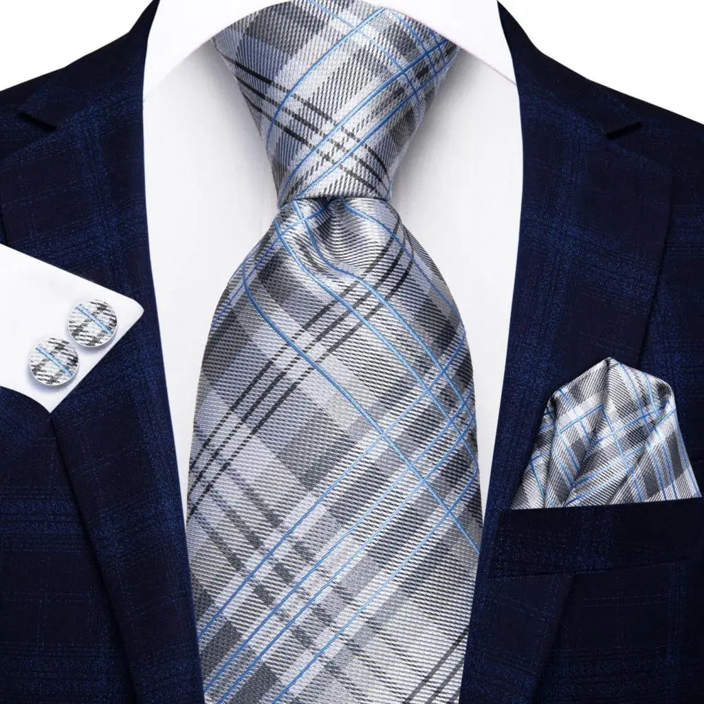 Grey and Blue Striped Tie With Matching Cuff Links and Pocket Square