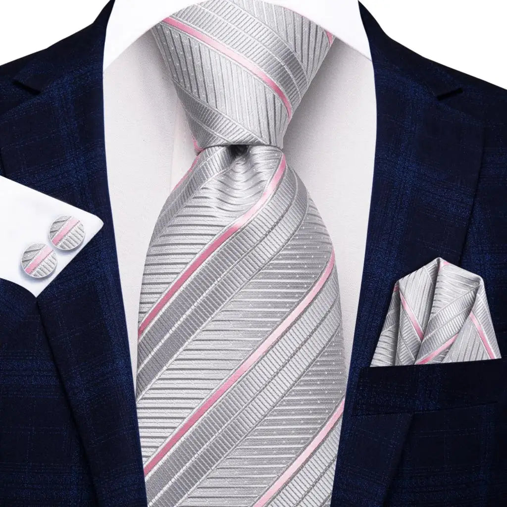 Grey and Pink Striped Tie With Matching Cuff Links and Pocket Square