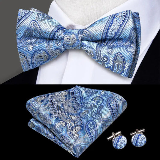 Light Blue Paisley Bow Tie With Matching Cuff Links and Pocket Square