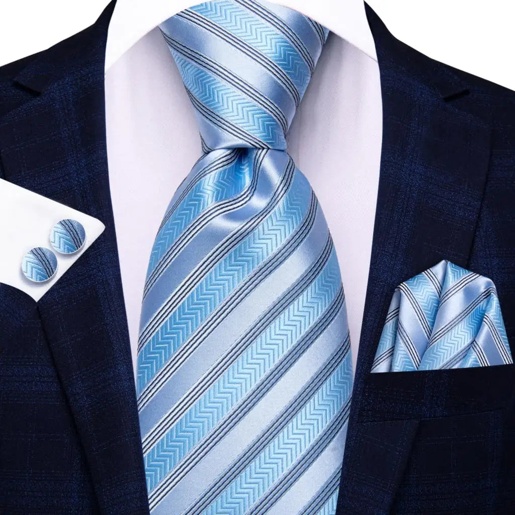 Light Blue Striped Tie With Matching Cuff Links and Pocket Square