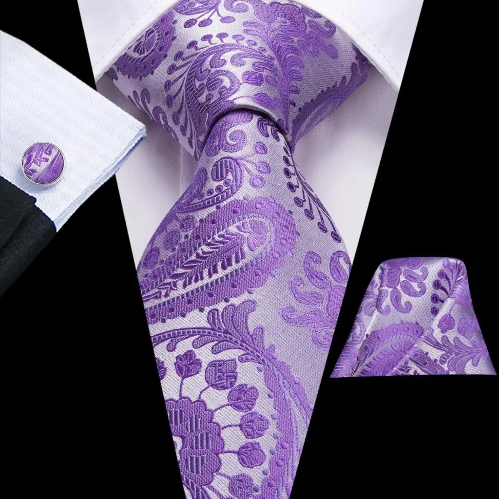 Light Purple Paisley Tie With Matching Cuff Links and Pocket Square