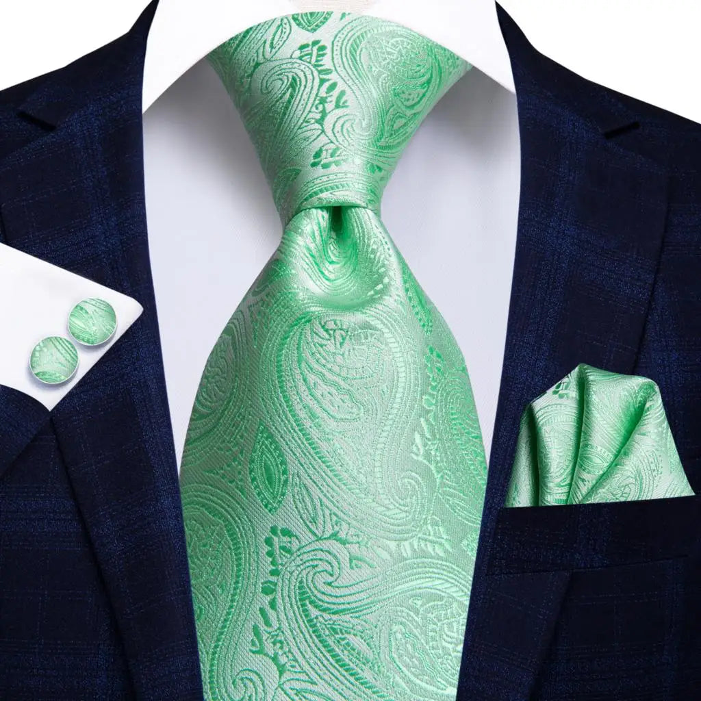 Mint Green Floral Design Tie With Matching Cuff Links and Pocket Square